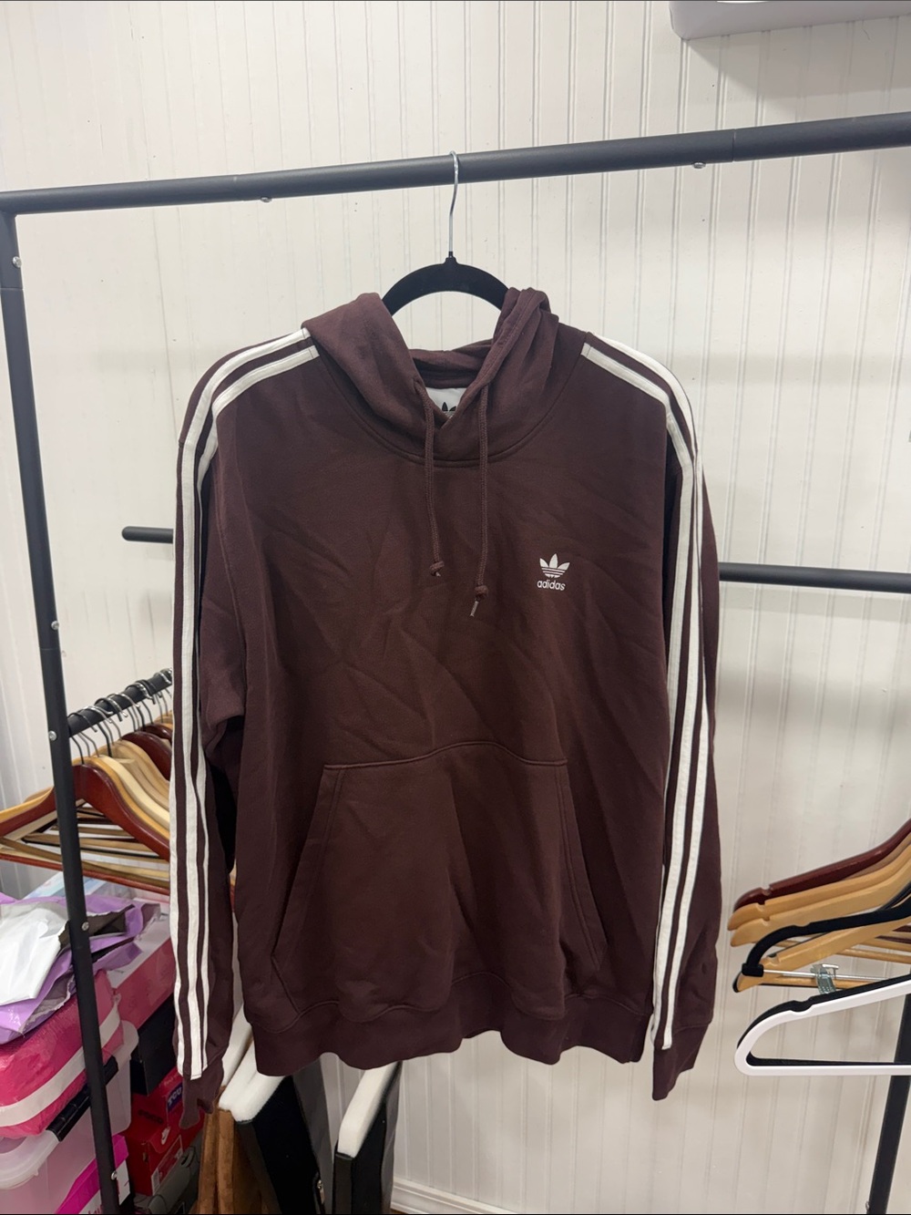Like New adidas chocolate Brown Hooded Sweatshirt with White Three Stripes Large